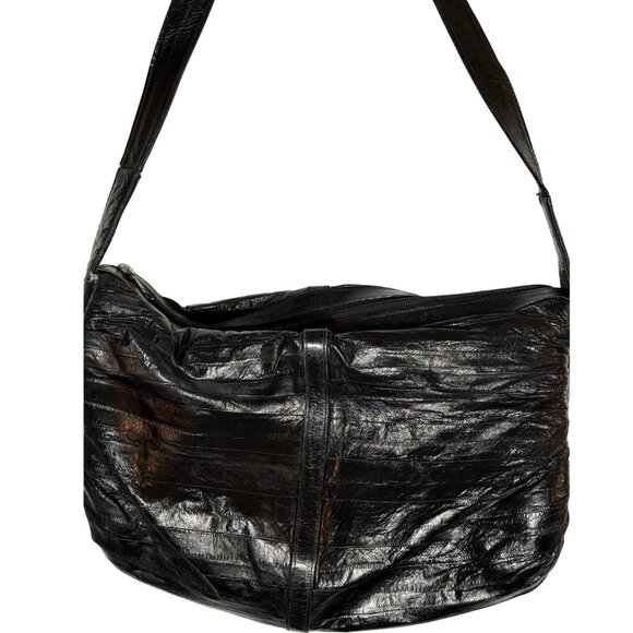 Vintage 1980s Leather of the Sea Black Eel Skin Crossbody Bag - Textured - Picture 4 of 4